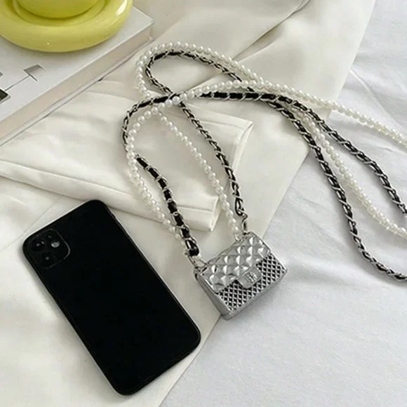 Silver Preppy Womens Mini Metallic Flap Square Bag Pearl Decor - Picture 5 of 5